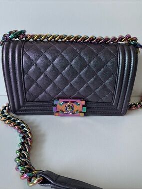 Chanel Small Iridescent Black Quilted Boy Bag with Multicolor Chain